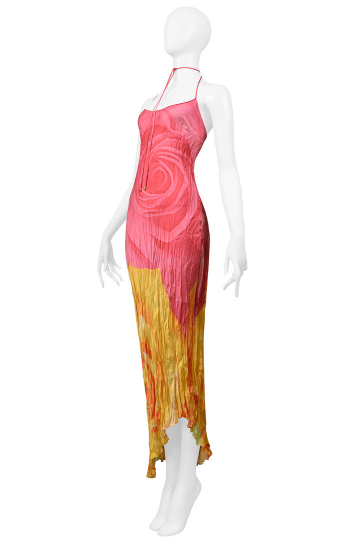 ROBERTO CAVALLI  PINK & YELLOW ROSE PRINT CRINKLE DRESS 2000