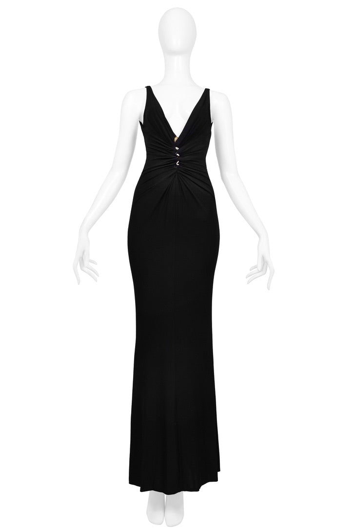 ROBERTO CAVALLI BLACK JERSEY EVENING GOWN WITH GOLD SNAKE HARDWARE