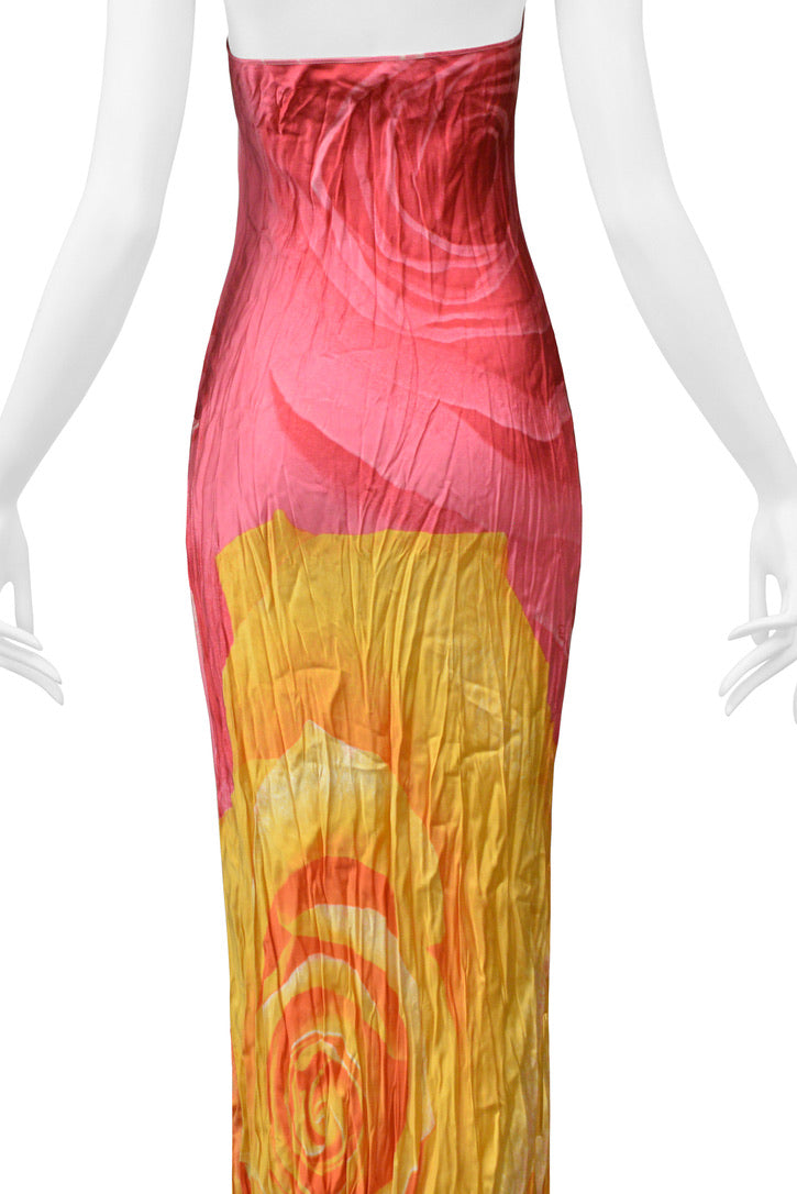 ROBERTO CAVALLI  PINK & YELLOW ROSE PRINT CRINKLE DRESS 2000