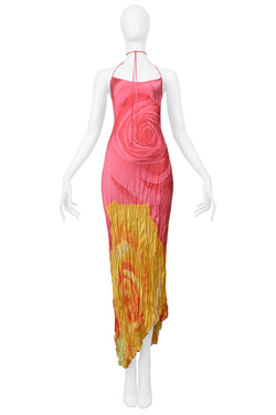 ROBERTO CAVALLI  PINK & YELLOW ROSE PRINT CRINKLE DRESS 2000