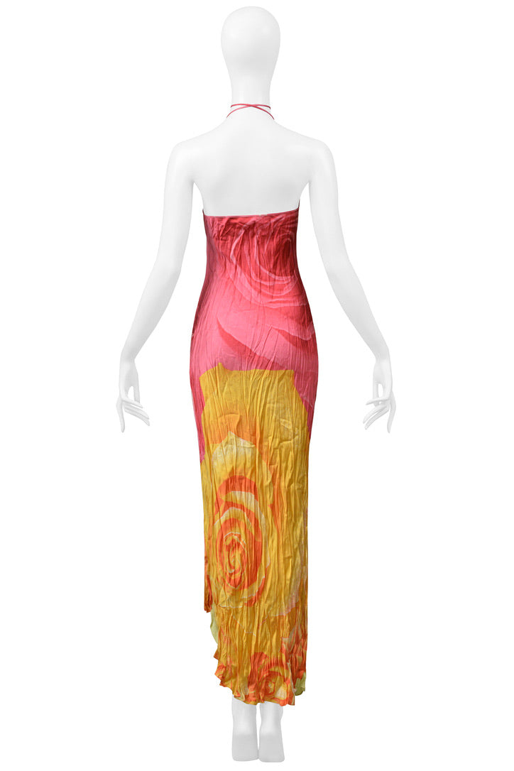 ROBERTO CAVALLI  PINK & YELLOW ROSE PRINT CRINKLE DRESS 2000