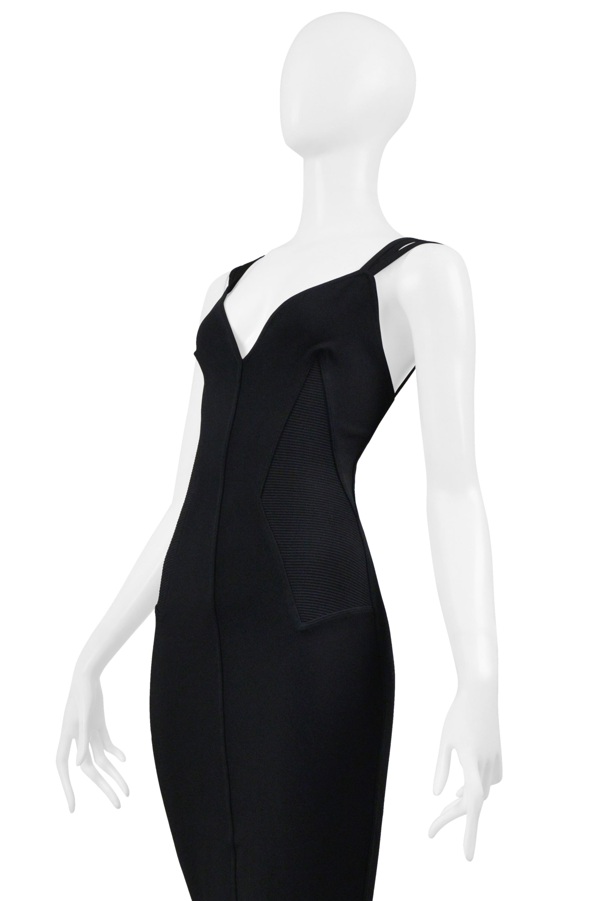 ALAIA BLACK EVENING GOWN WITH LACE HEM AND MULTI STRAPS 1990