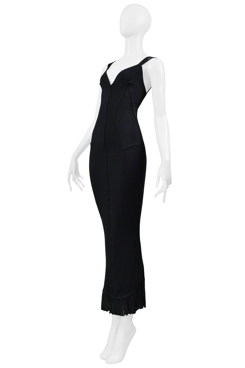 ALAIA BLACK EVENING GOWN WITH LACE HEM AND MULTI STRAPS 1990