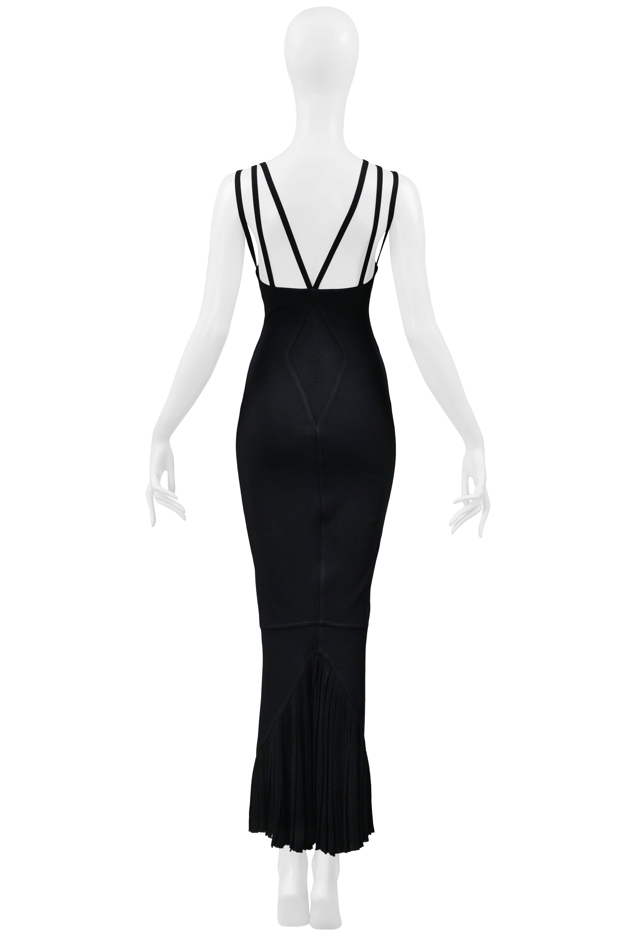 ALAIA BLACK EVENING GOWN WITH LACE HEM AND MULTI STRAPS 1990