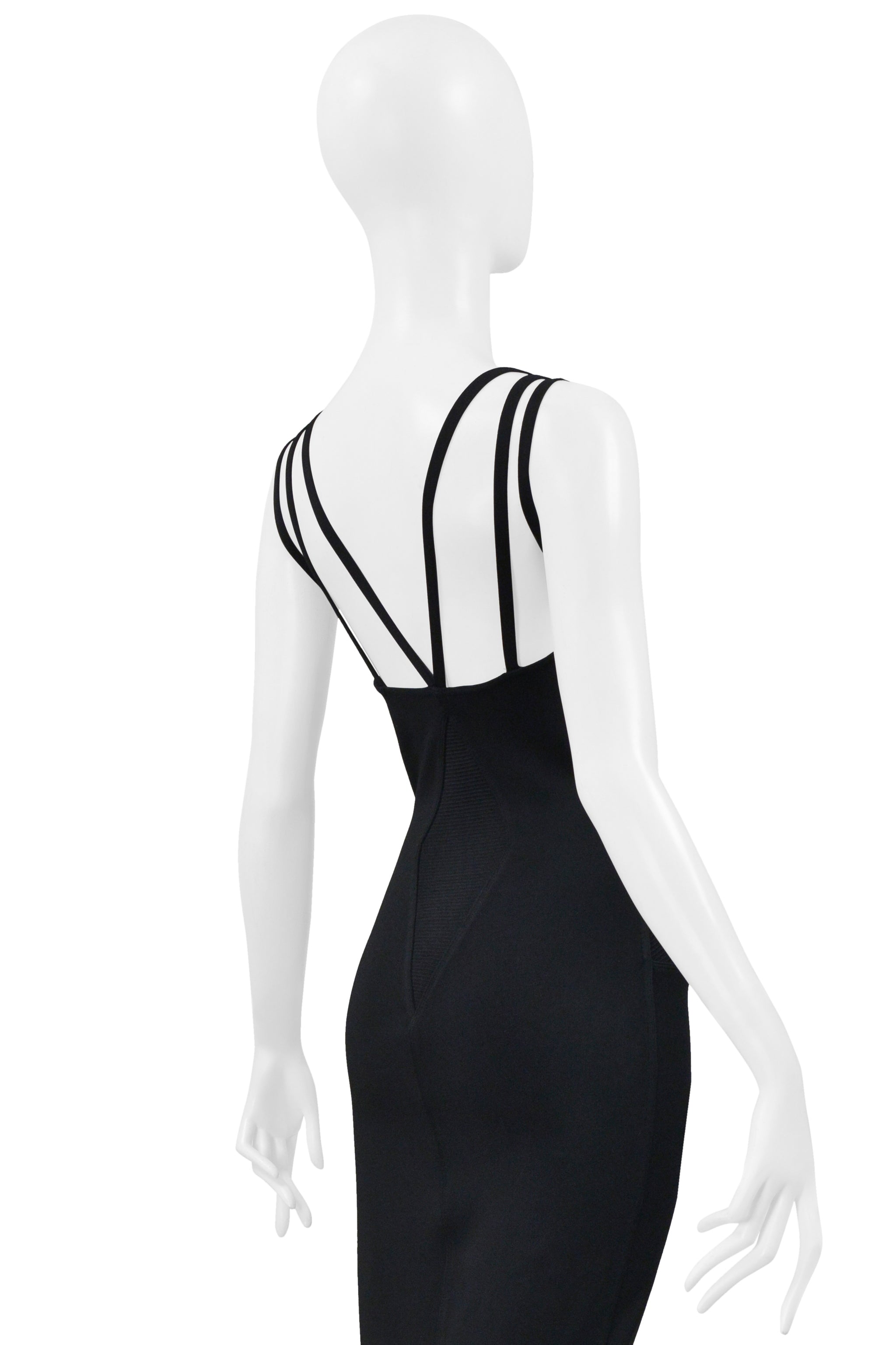 ALAIA BLACK EVENING GOWN WITH LACE HEM AND MULTI STRAPS 1990