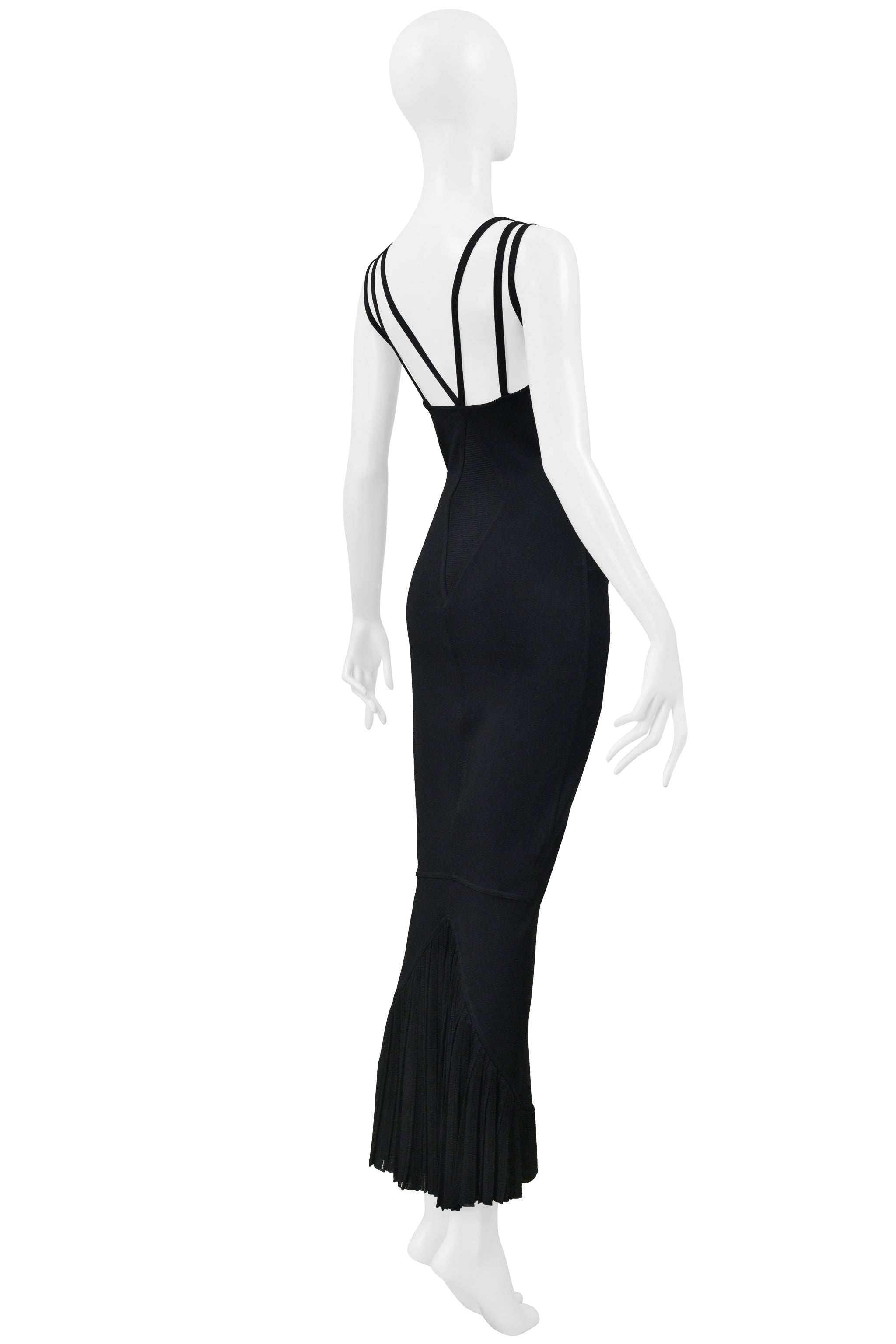 ALAIA BLACK EVENING GOWN WITH LACE HEM AND MULTI STRAPS 1990