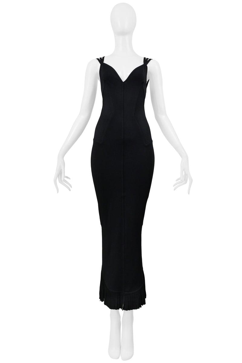 ALAIA BLACK EVENING GOWN WITH LACE HEM AND MULTI STRAPS 1990