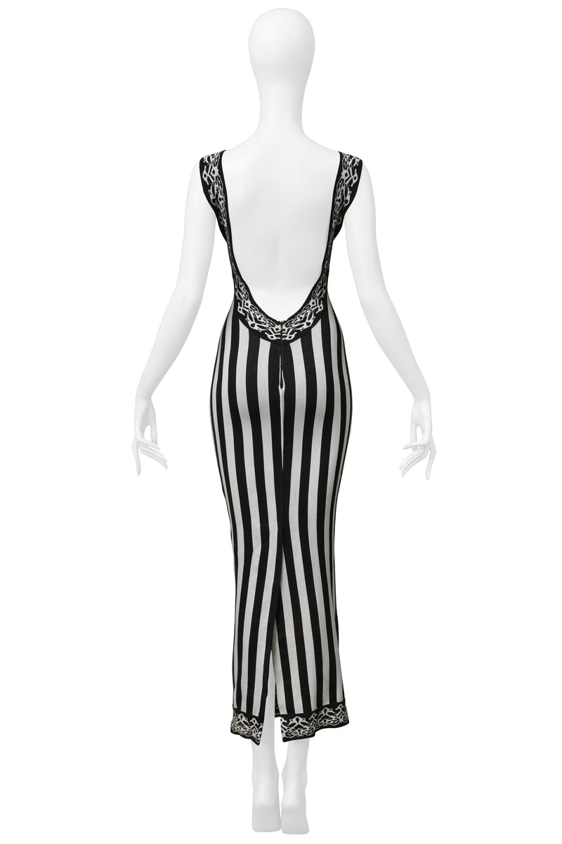 ALAIA ICONIC BLACK & WHITE STRIPED MAXI DRESS WITH OPEN BACK 1992