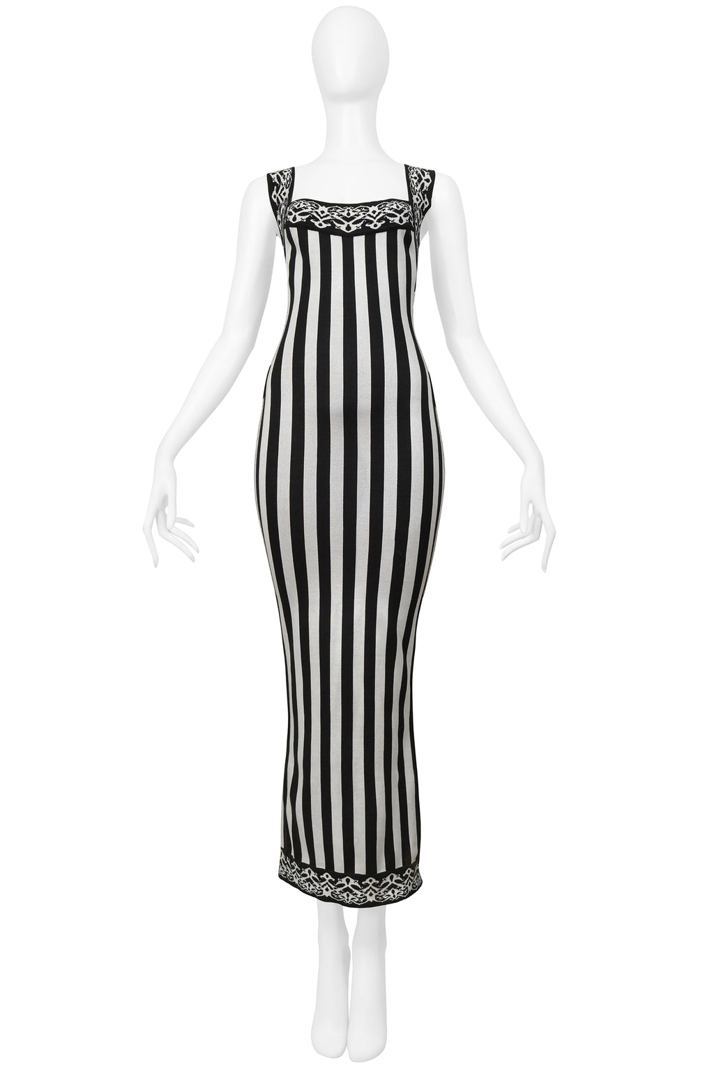 SALE【Alaia】Vネック ストライプ ミディドレス ALAIA1992BLACKANDWHITESTRIPEDM