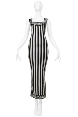 ALAIA ICONIC BLACK & WHITE STRIPED MAXI DRESS WITH OPEN BACK 1992