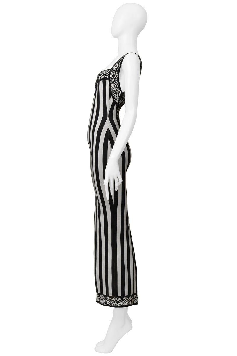 ALAIA ICONIC BLACK & WHITE STRIPED MAXI DRESS WITH OPEN BACK 1992