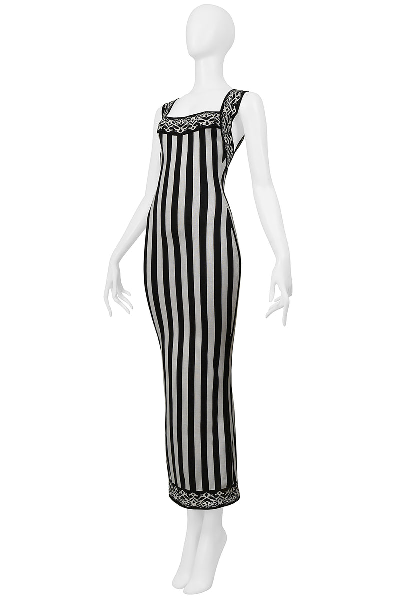 ALAIA ICONIC BLACK & WHITE STRIPED MAXI DRESS WITH OPEN BACK 1992