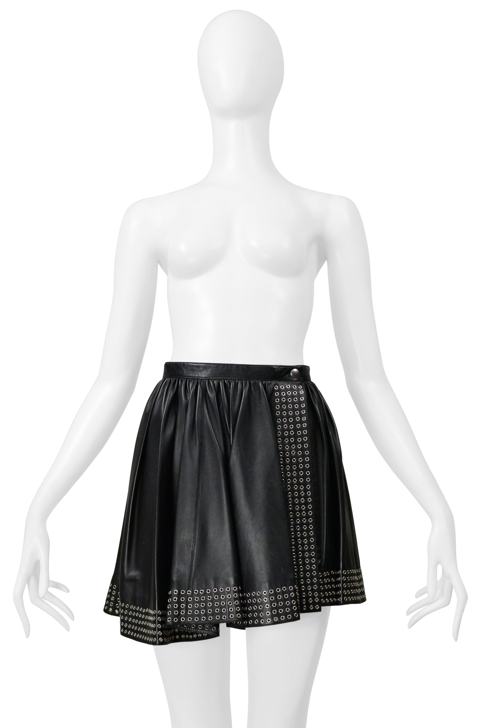 ALAIA BLACK LEATHER MINI SKIRT WITH GROMMETS 2014