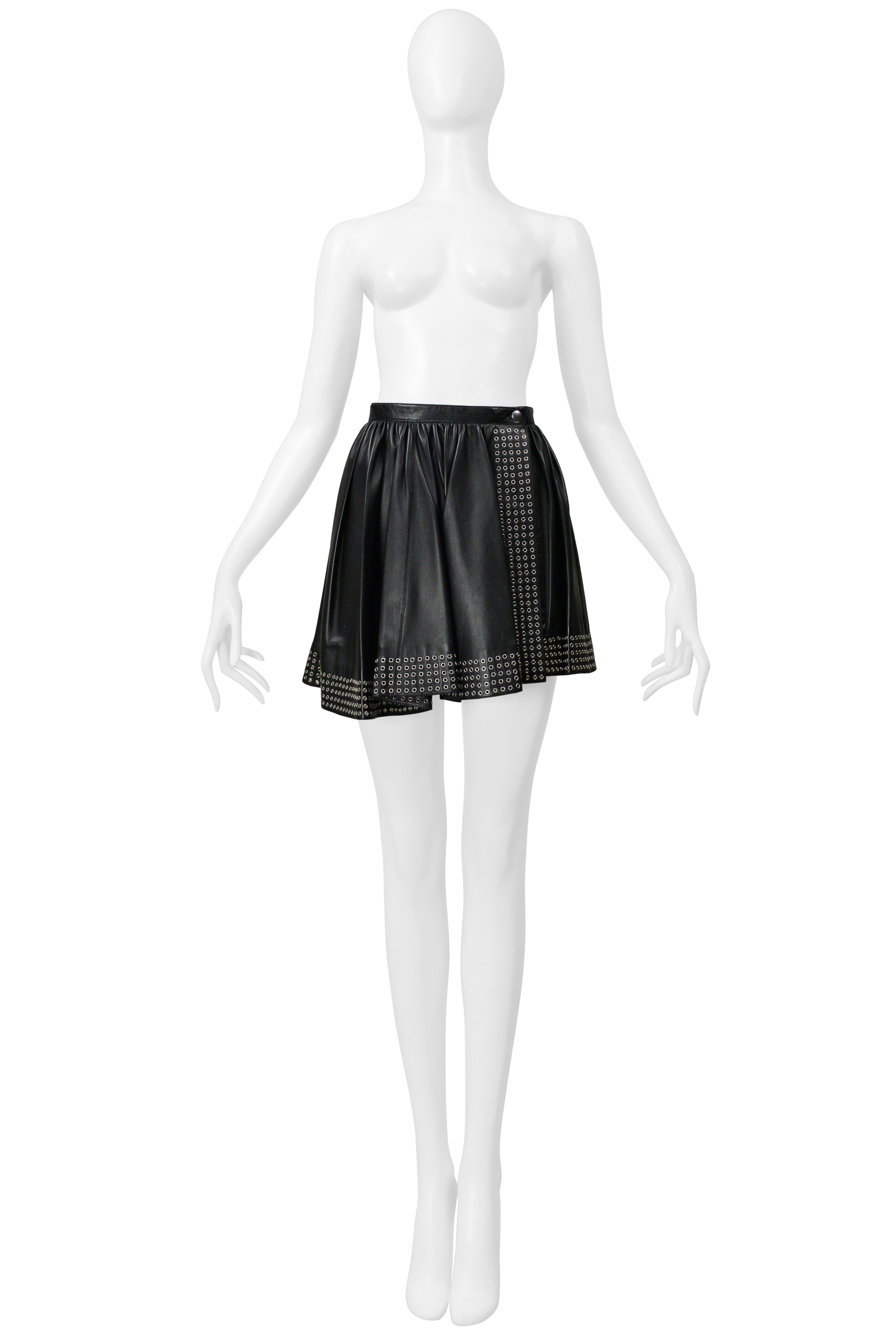 ALAIA BLACK LEATHER MINI SKIRT WITH GROMMETS 2014