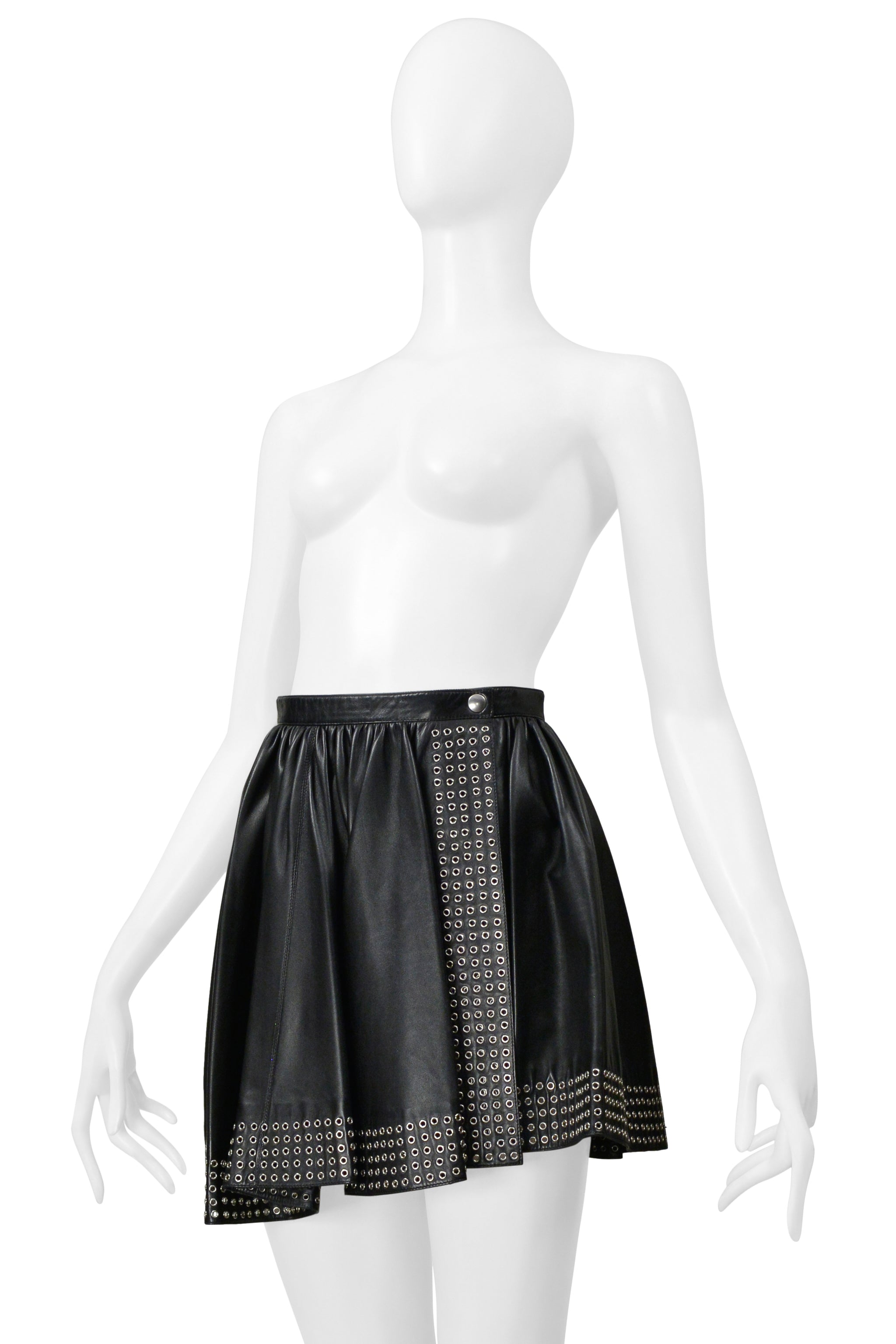 ALAIA BLACK LEATHER MINI SKIRT WITH GROMMETS 2014