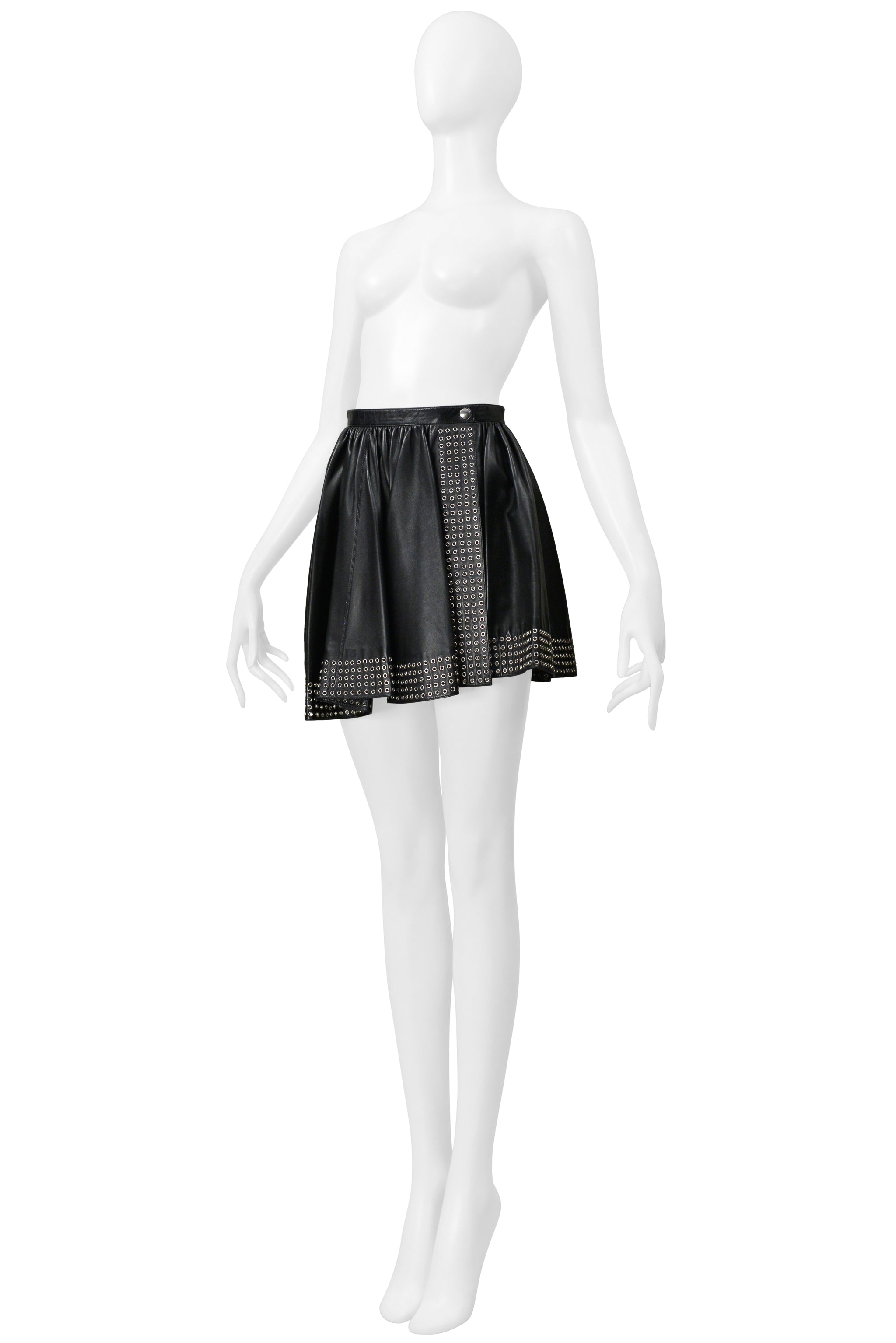 ALAIA BLACK LEATHER MINI SKIRT WITH GROMMETS 2014