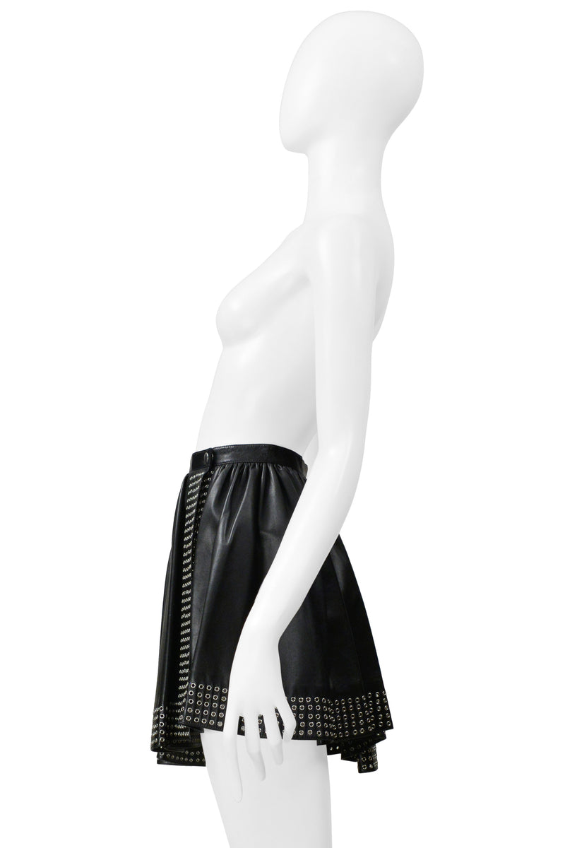 ALAIA BLACK LEATHER MINI SKIRT WITH GROMMETS 2014
