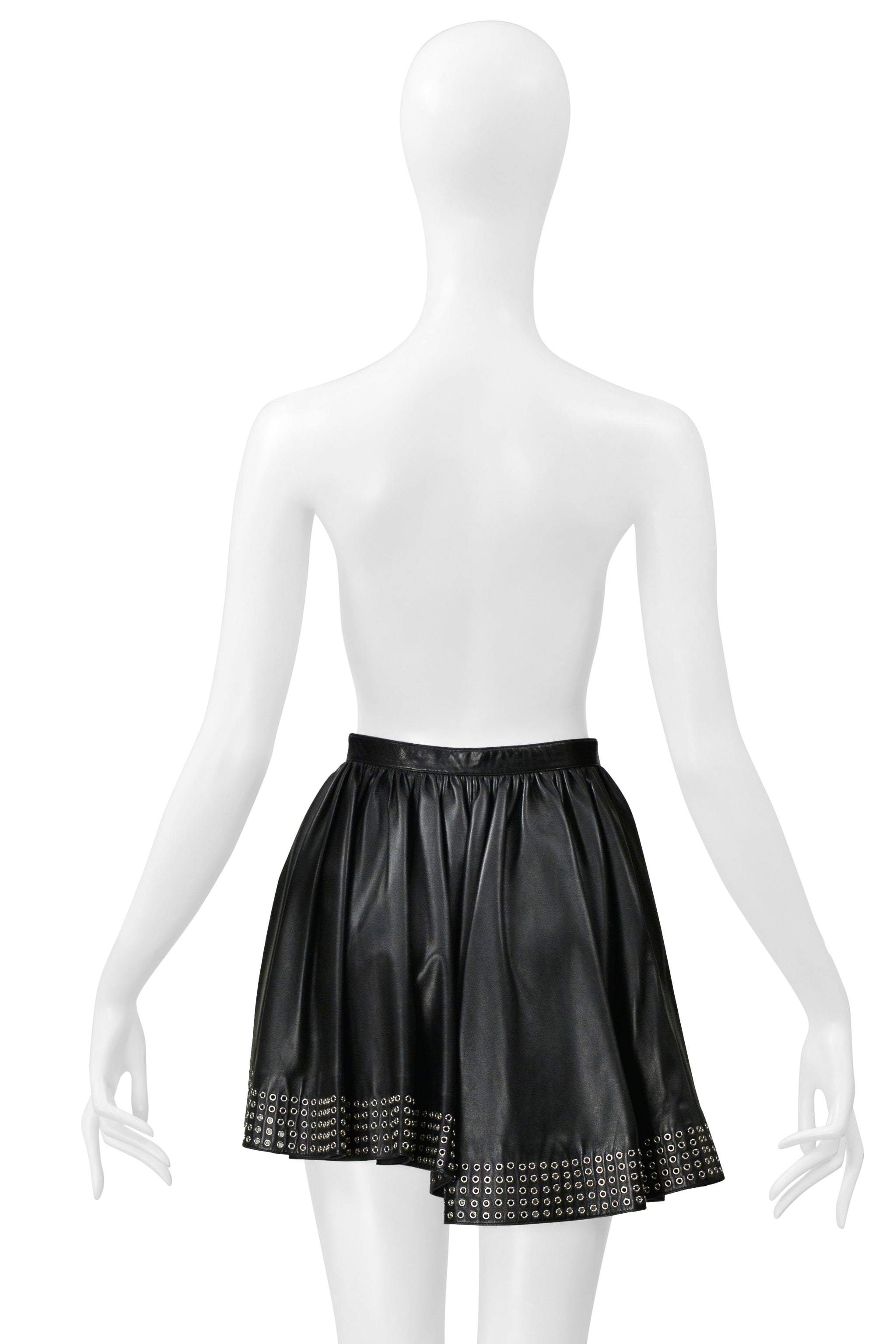 ALAIA BLACK LEATHER MINI SKIRT WITH GROMMETS 2014