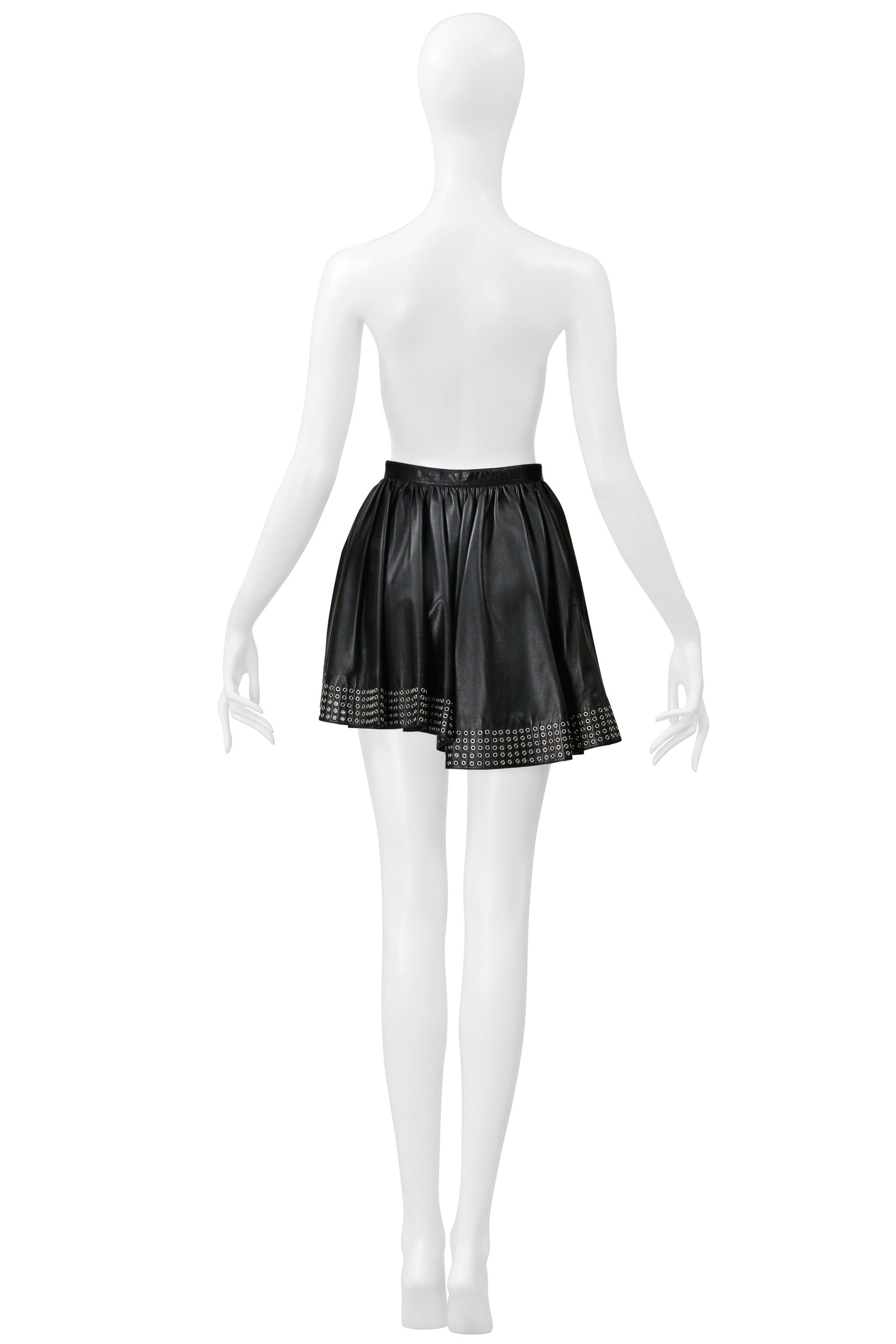 ALAIA BLACK LEATHER MINI SKIRT WITH GROMMETS 2014