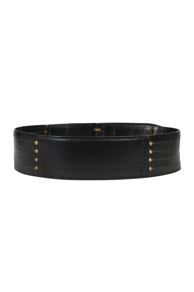 ALAIA BLACK LEATHER FRINGE UTILITY BELT WITH BRASS BUCKLE & STUDS