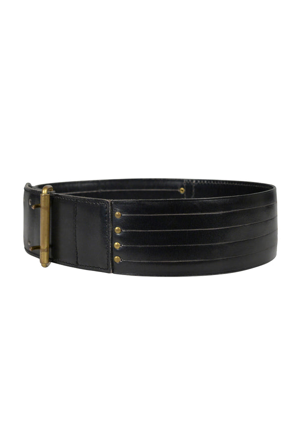 ALAIA BLACK LEATHER FRINGE UTILITY BELT WITH BRASS BUCKLE & STUDS