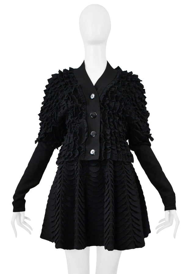 ALAIA BLACK KNIT RUFFLE CARDIGAN AND FAN CIRCLE SKIRT ENSEMBLE