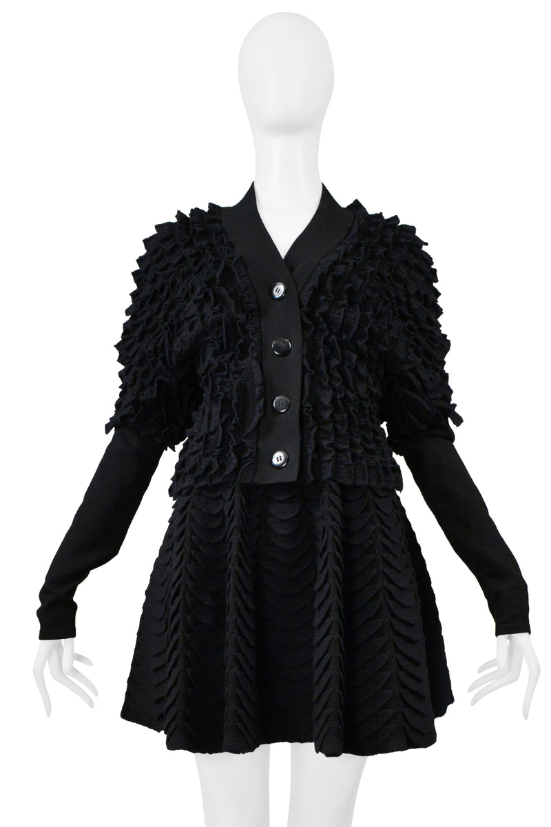 ALAIA BLACK KNIT RUFFLE CARDIGAN AND FAN CIRCLE SKIRT ENSEMBLE