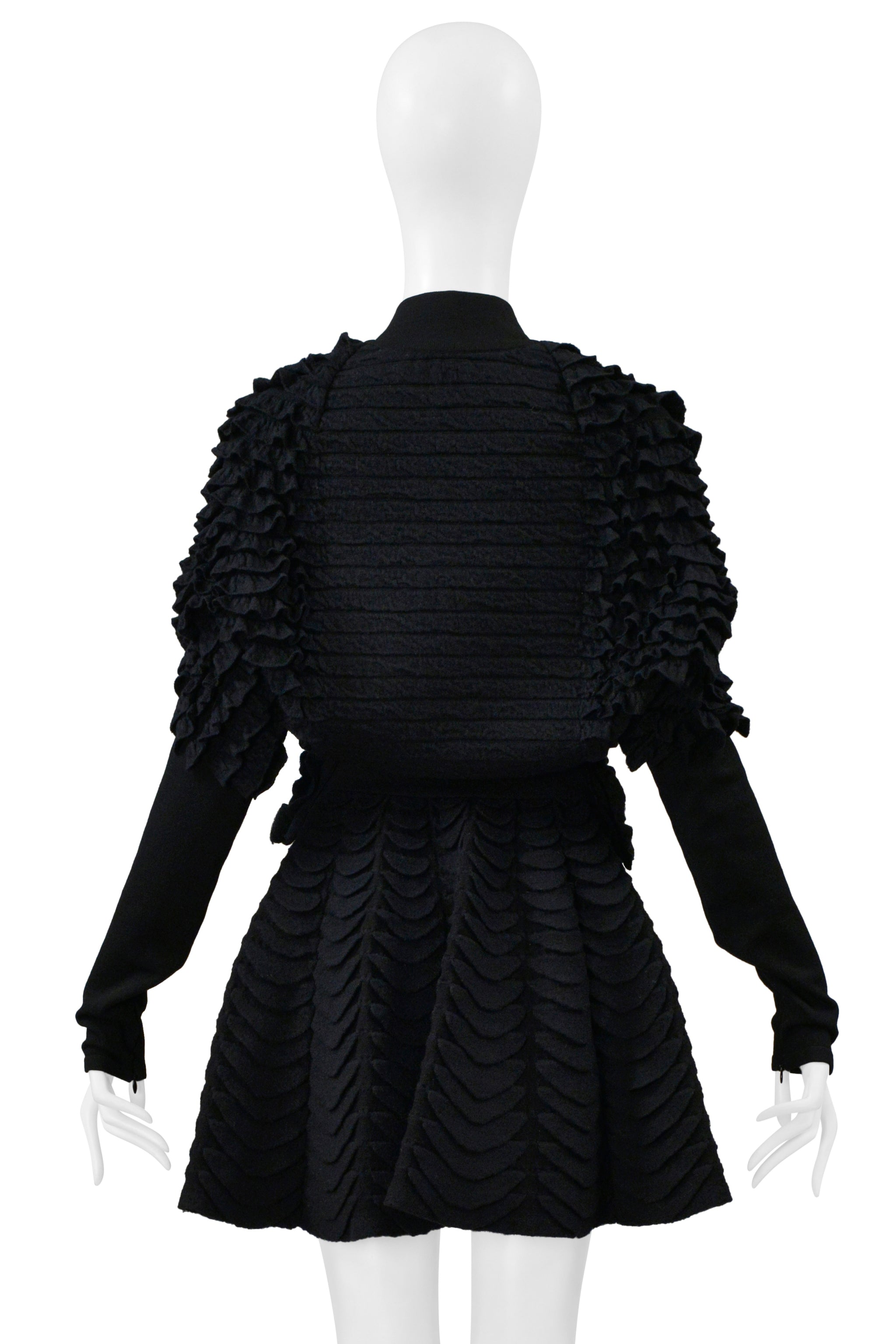 ALAIA BLACK KNIT RUFFLE CARDIGAN AND FAN CIRCLE SKIRT ENSEMBLE