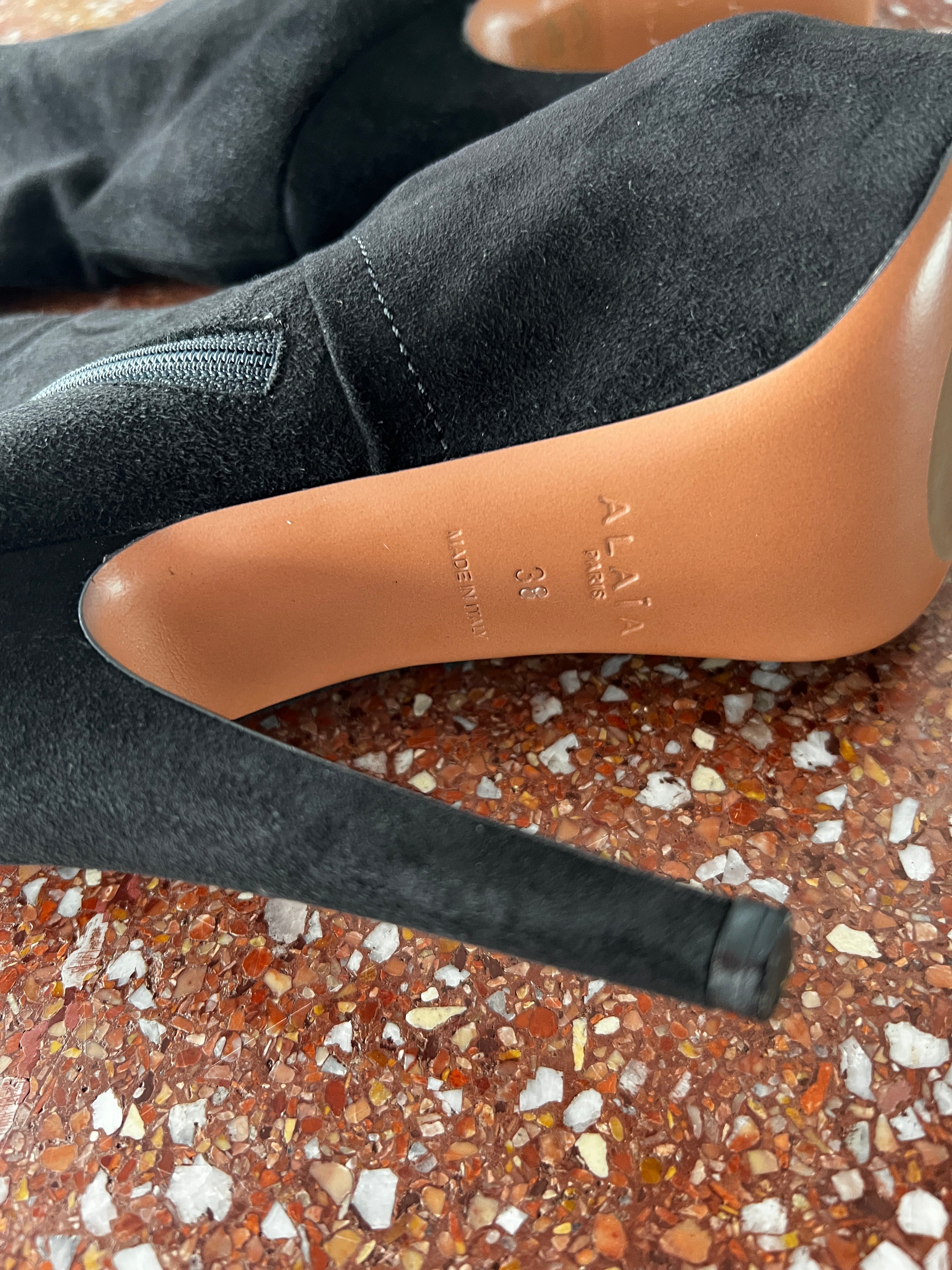 ALAIA BLACK SUEDE THIGH HIGH PLATFORM BOOTS