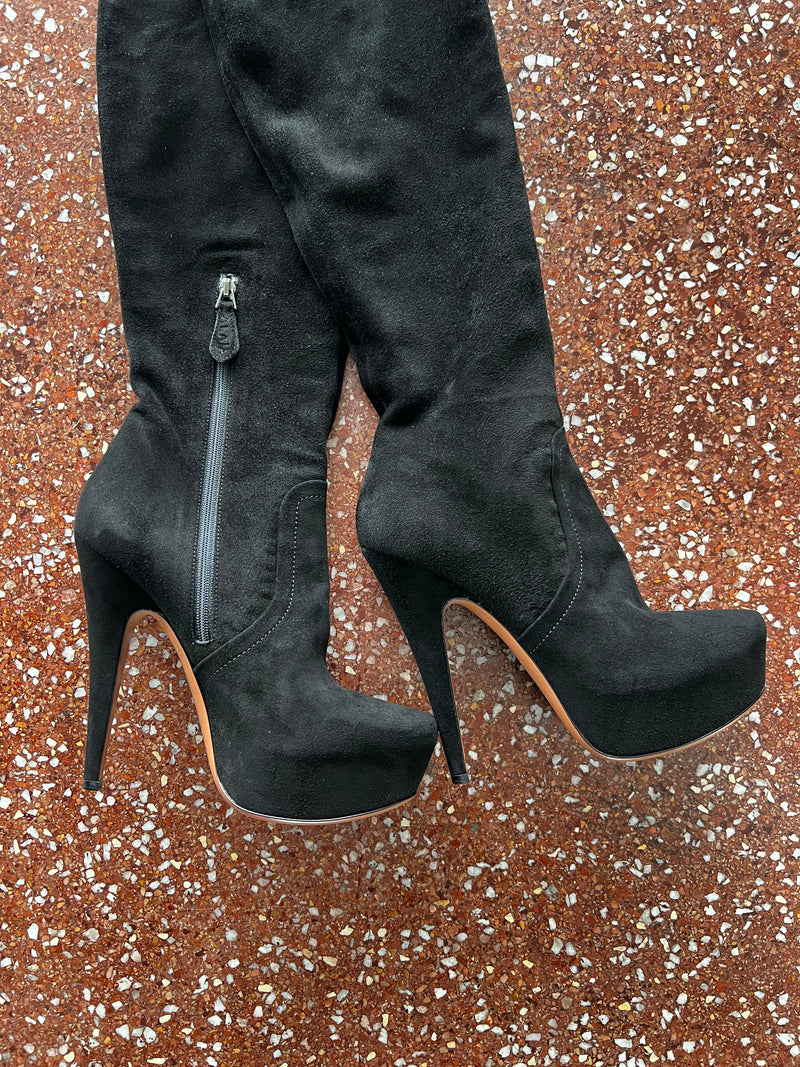 ALAIA BLACK SUEDE THIGH HIGH PLATFORM BOOTS