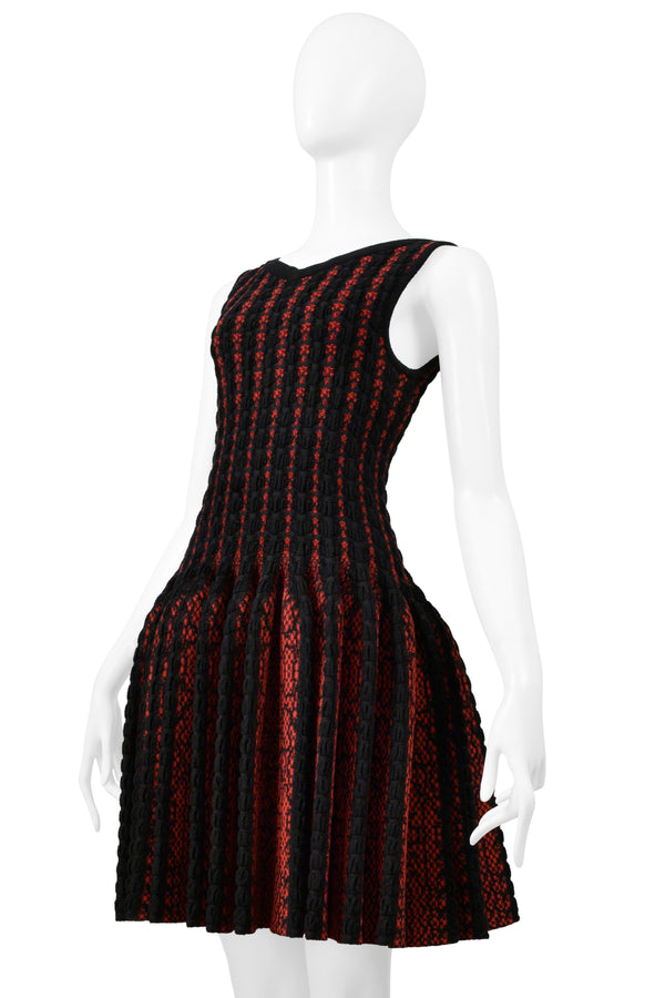 ALAIA BLACK & RED FANCY KNIT SLEEVELESS DRESS