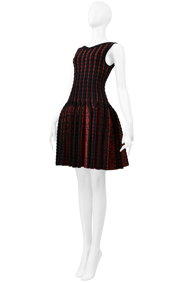 ALAIA BLACK & RED FANCY CHENILLE SWEETHEART DRESS