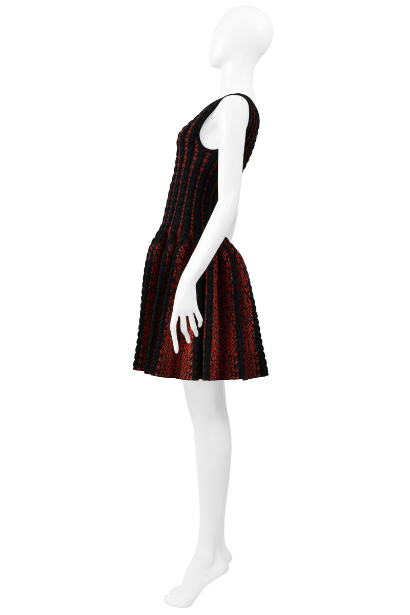 ALAIA BLACK & RED FANCY CHENILLE SWEETHEART DRESS