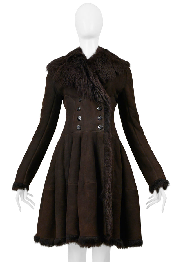 ALAIA BROWN DOUBLE BREASTED SUEDE COAT WITH FUR INTERIOR