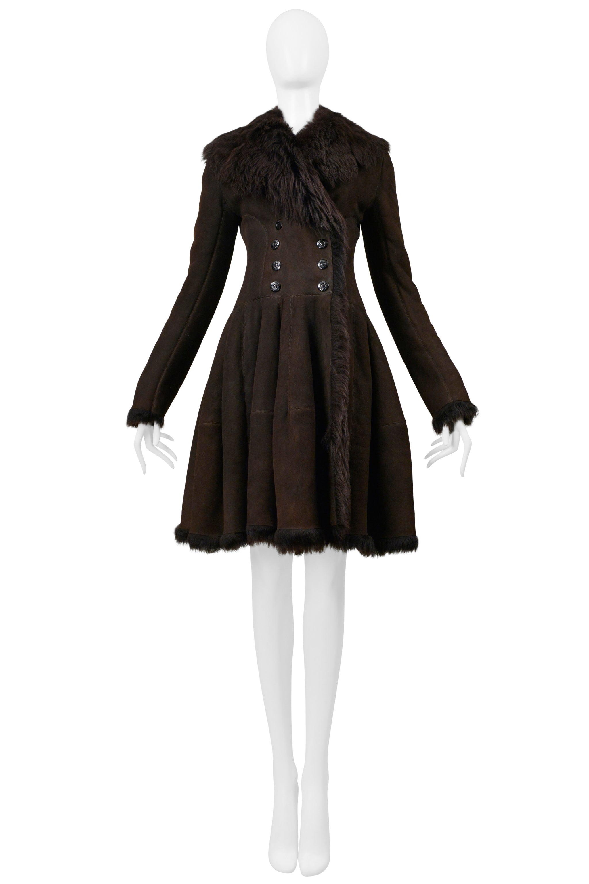 ALAIA BROWN DOUBLE BREASTED SUEDE COAT WITH FUR INTERIOR - AS IS