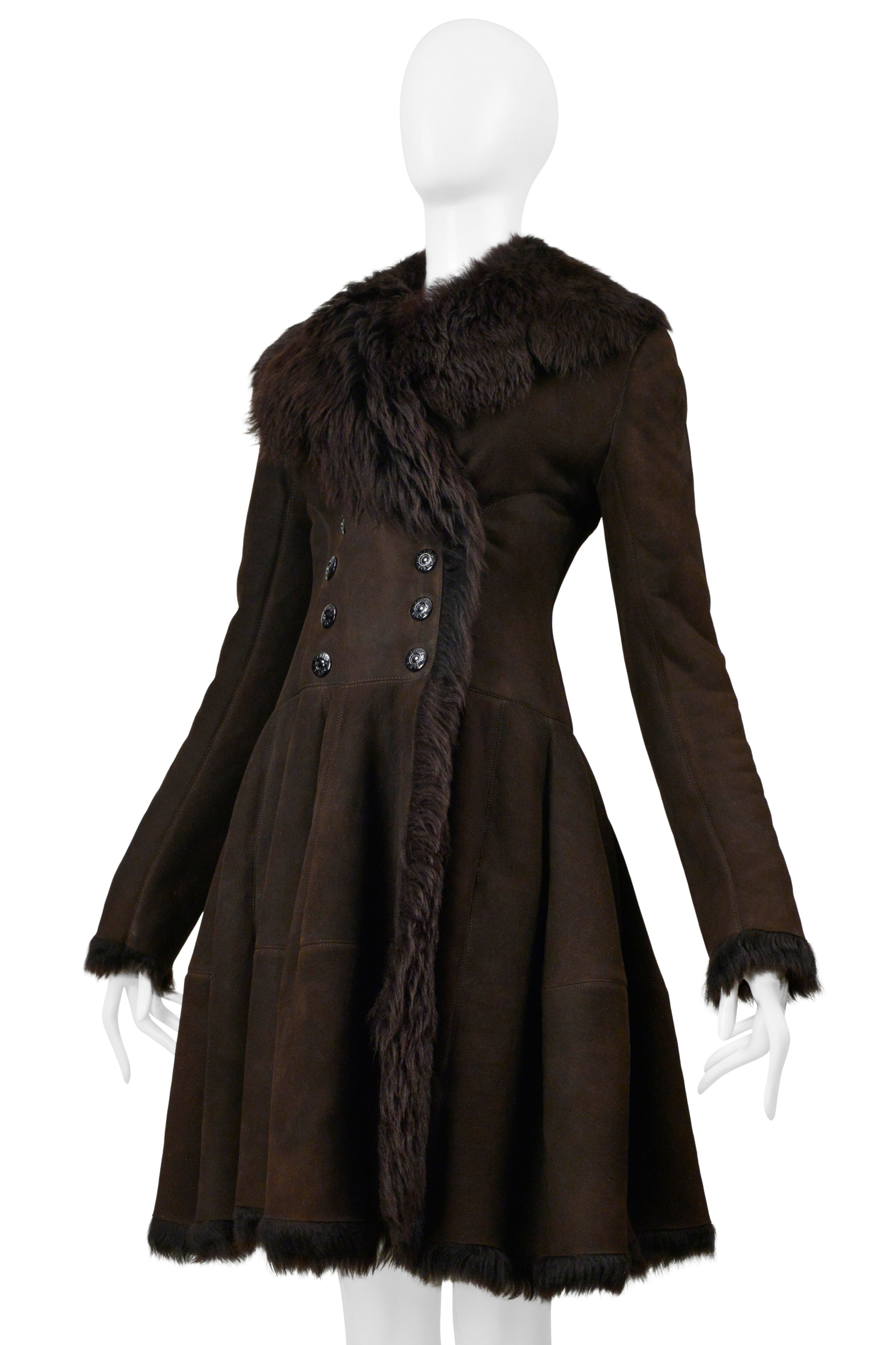 ALAIA BROWN DOUBLE BREASTED SUEDE COAT WITH FUR INTERIOR - AS IS