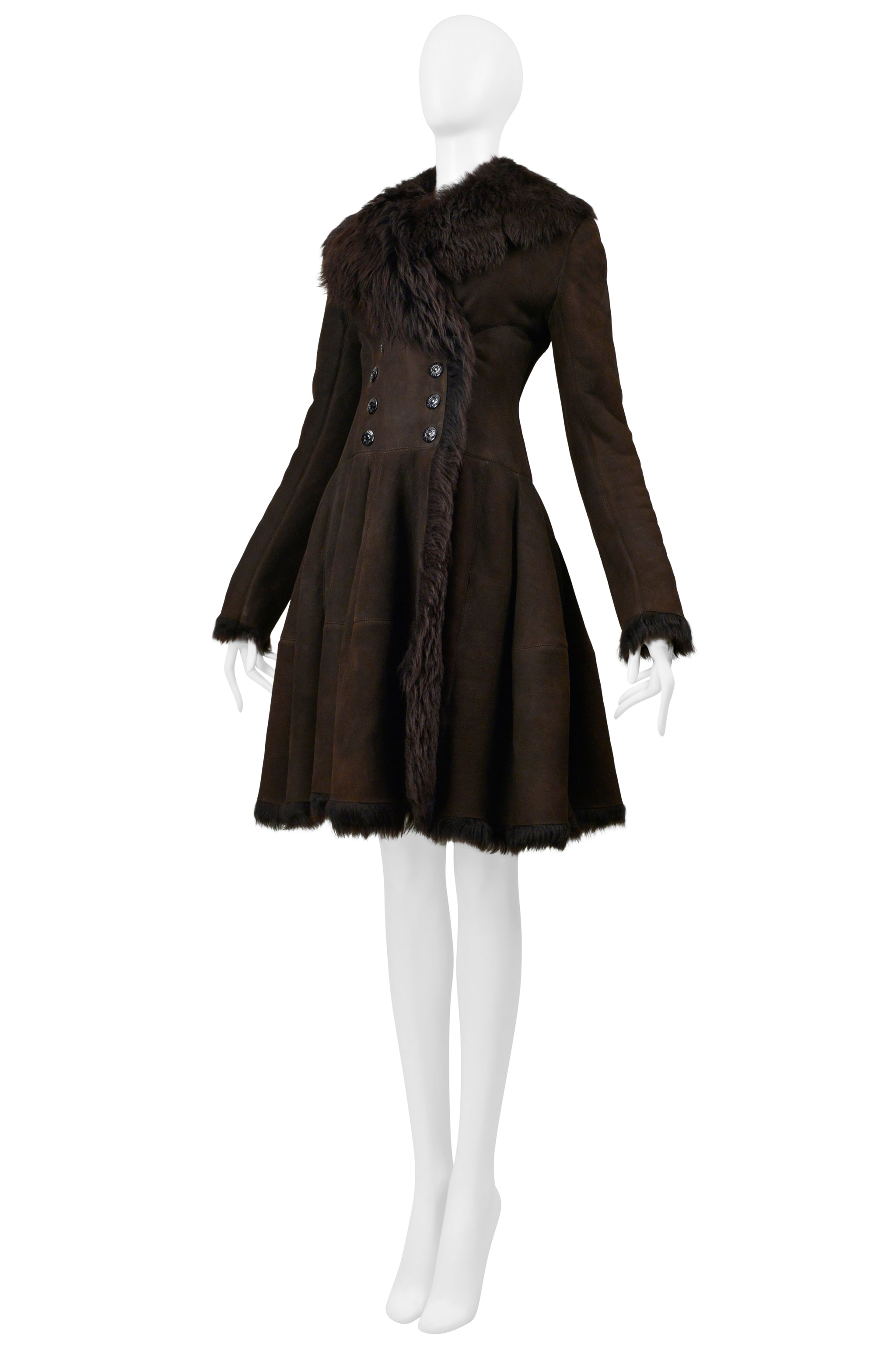 ALAIA BROWN DOUBLE BREASTED SUEDE COAT WITH FUR INTERIOR - AS IS