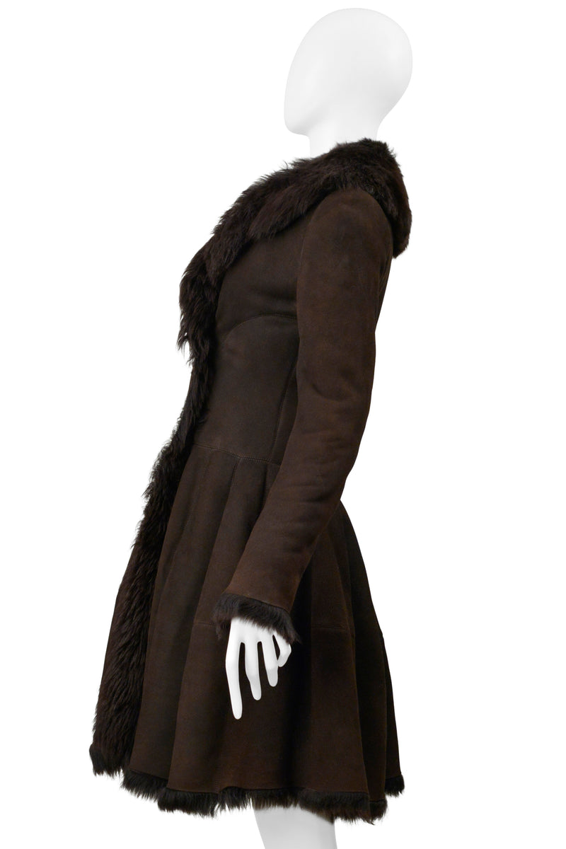 ALAIA BROWN DOUBLE BREASTED SUEDE COAT WITH FUR INTERIOR