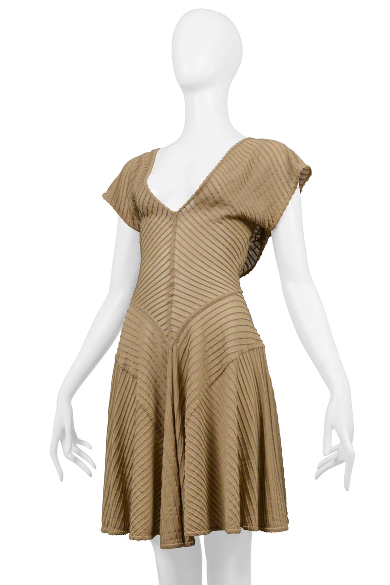 ALAIA NEUTRAL TONE KNIT DRESS WITH WOVEN TEXTURE AND OPEN BACK