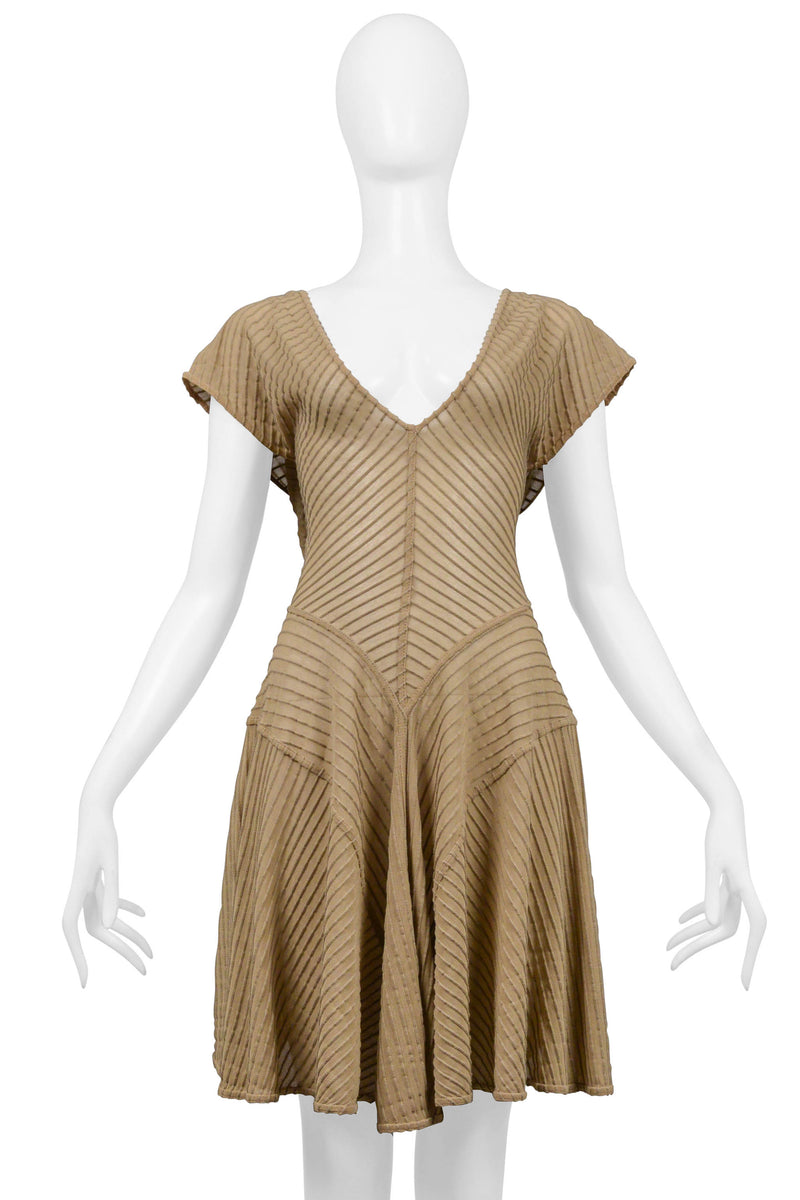 ALAIA NEUTRAL TONE KNIT DRESS WITH WOVEN TEXTURE AND OPEN BACK