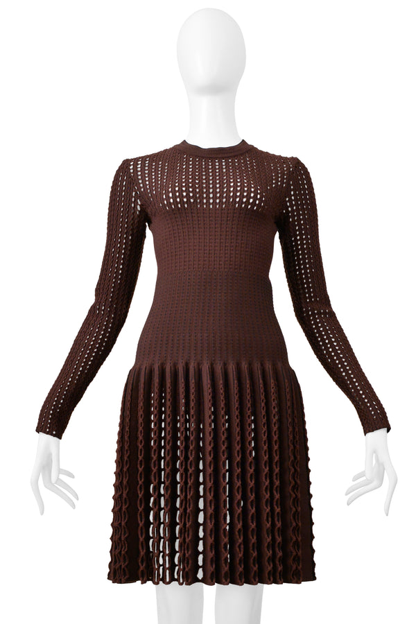 ALAIA BROWN LASER CUT FANCY KNIT DRESS