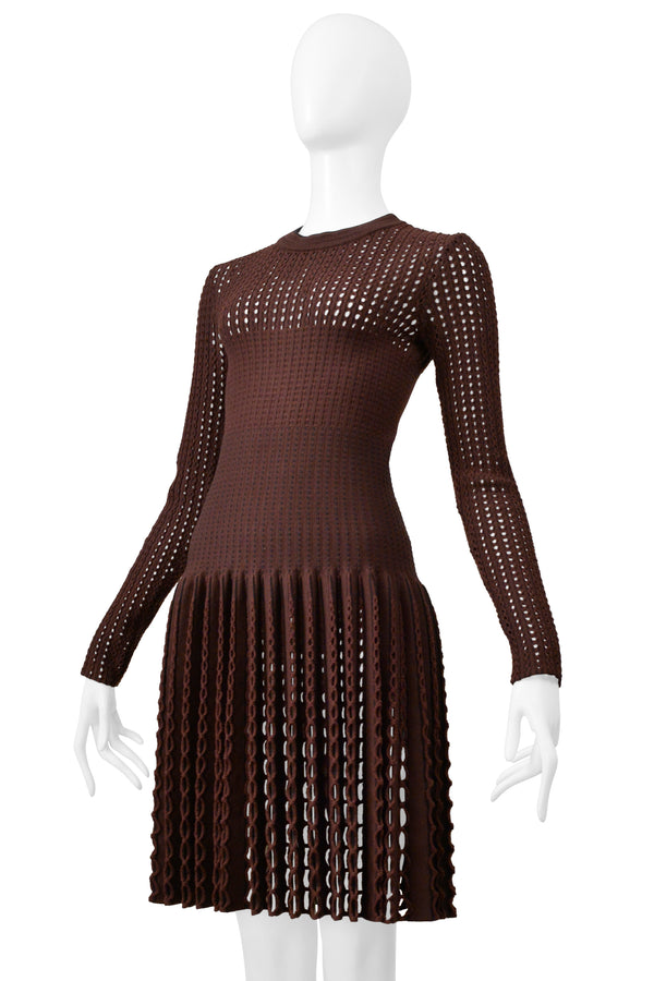 ALAIA BROWN LASER CUT FANCY KNIT DRESS