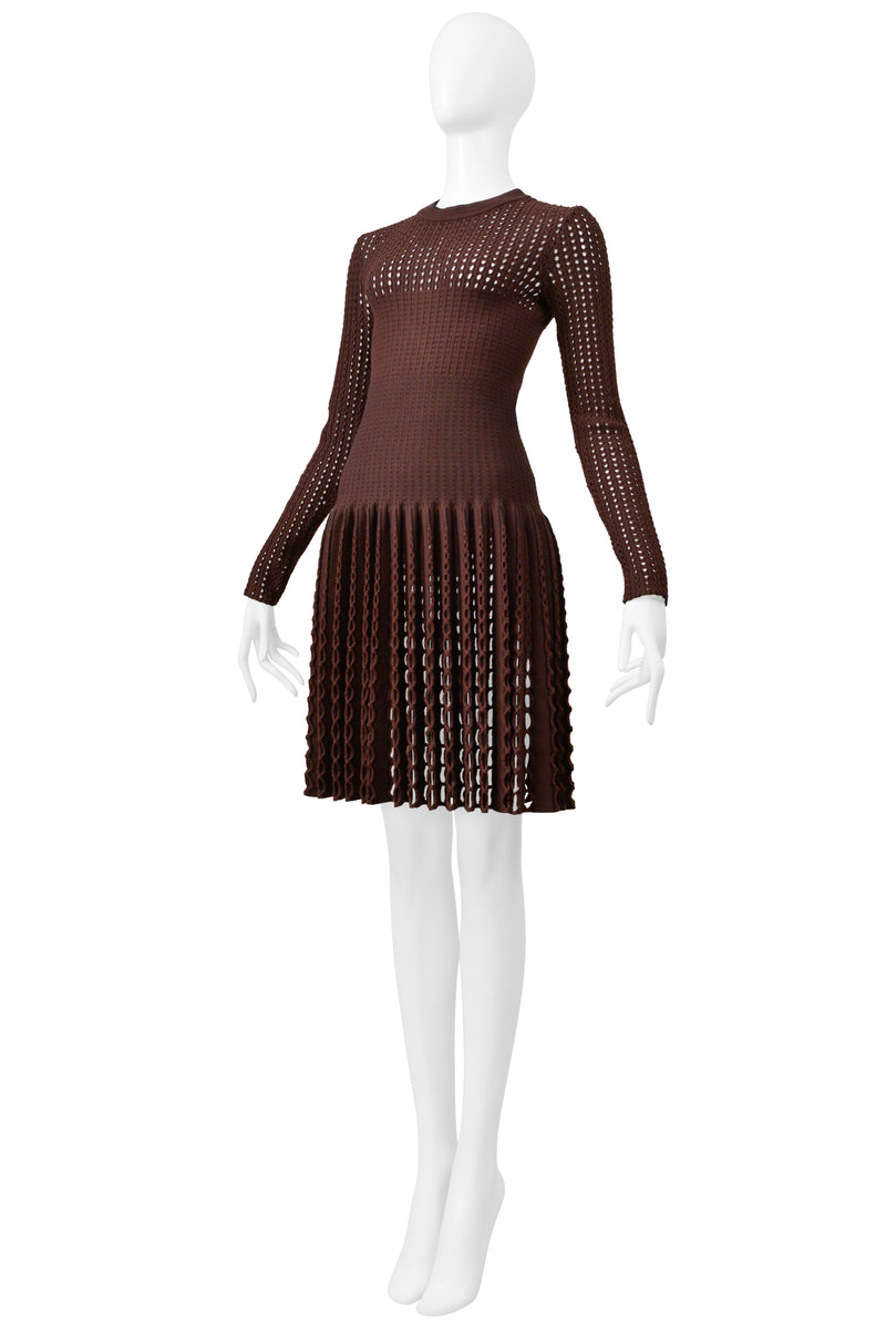 ALAIA BROWN LASER CUT FANCY KNIT DRESS