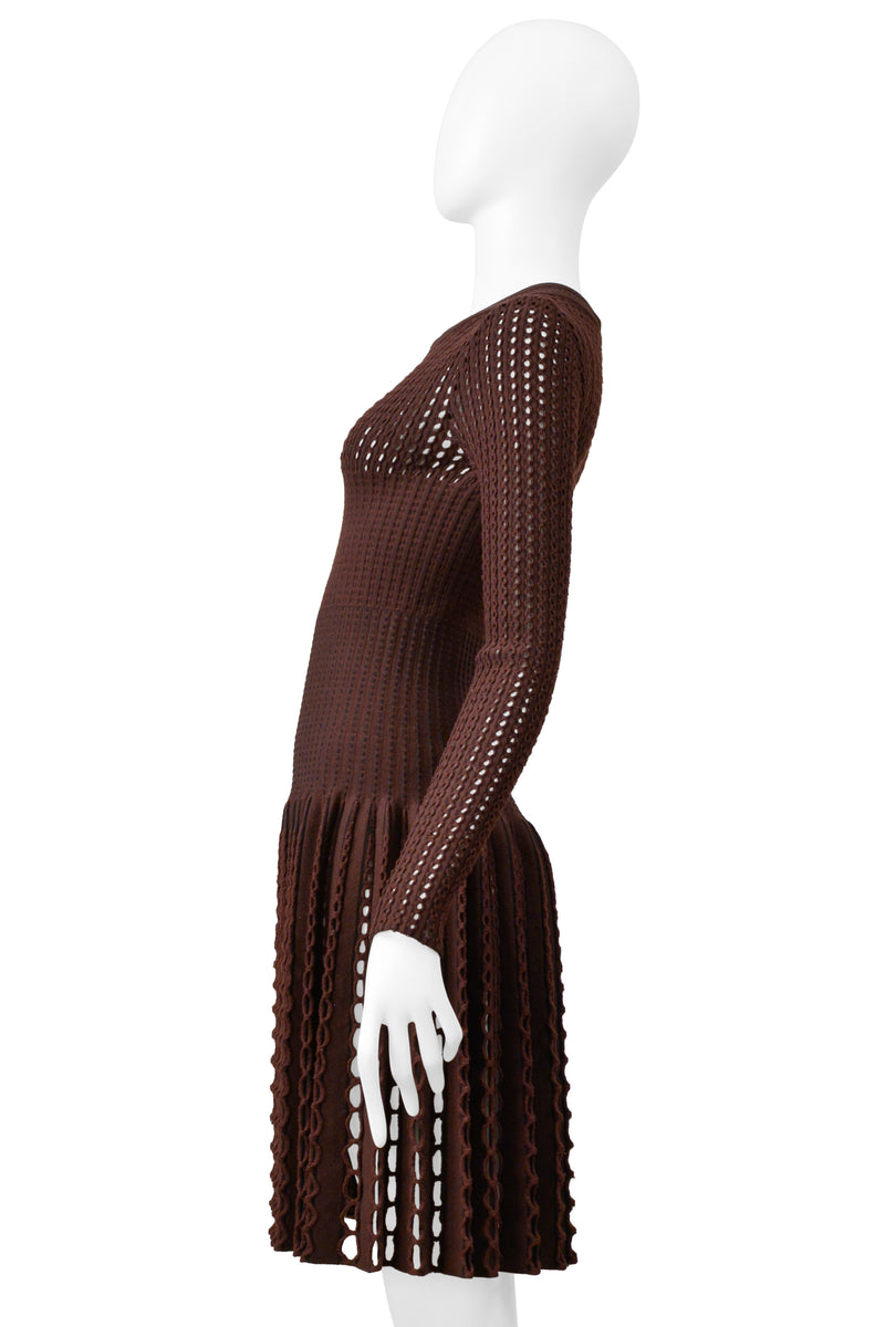 ALAIA BROWN LASER CUT FANCY KNIT DRESS