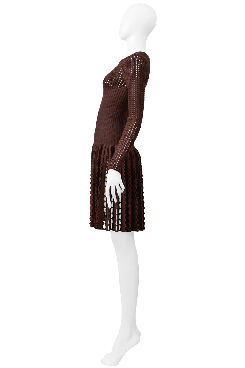 ALAIA BROWN LASER CUT FANCY KNIT DRESS