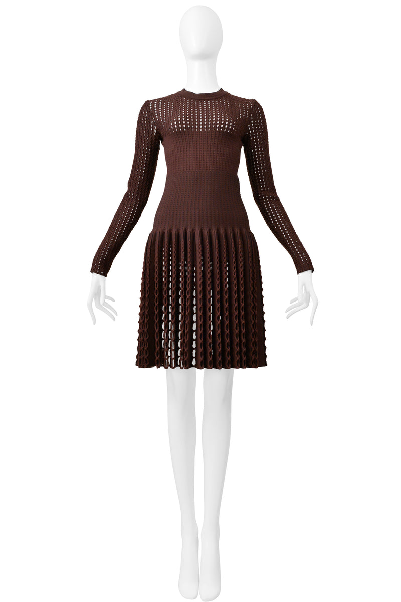 ALAIA BROWN LASER CUT FANCY KNIT DRESS