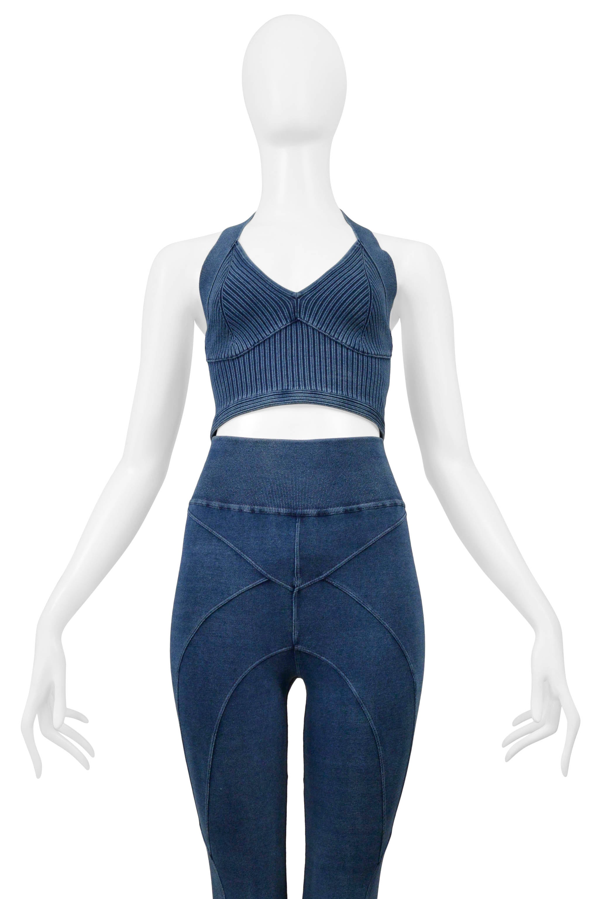 ALAIA DENIM BLUE VINTAGE WASH KNIT BRA TOP AND LEGGINGS