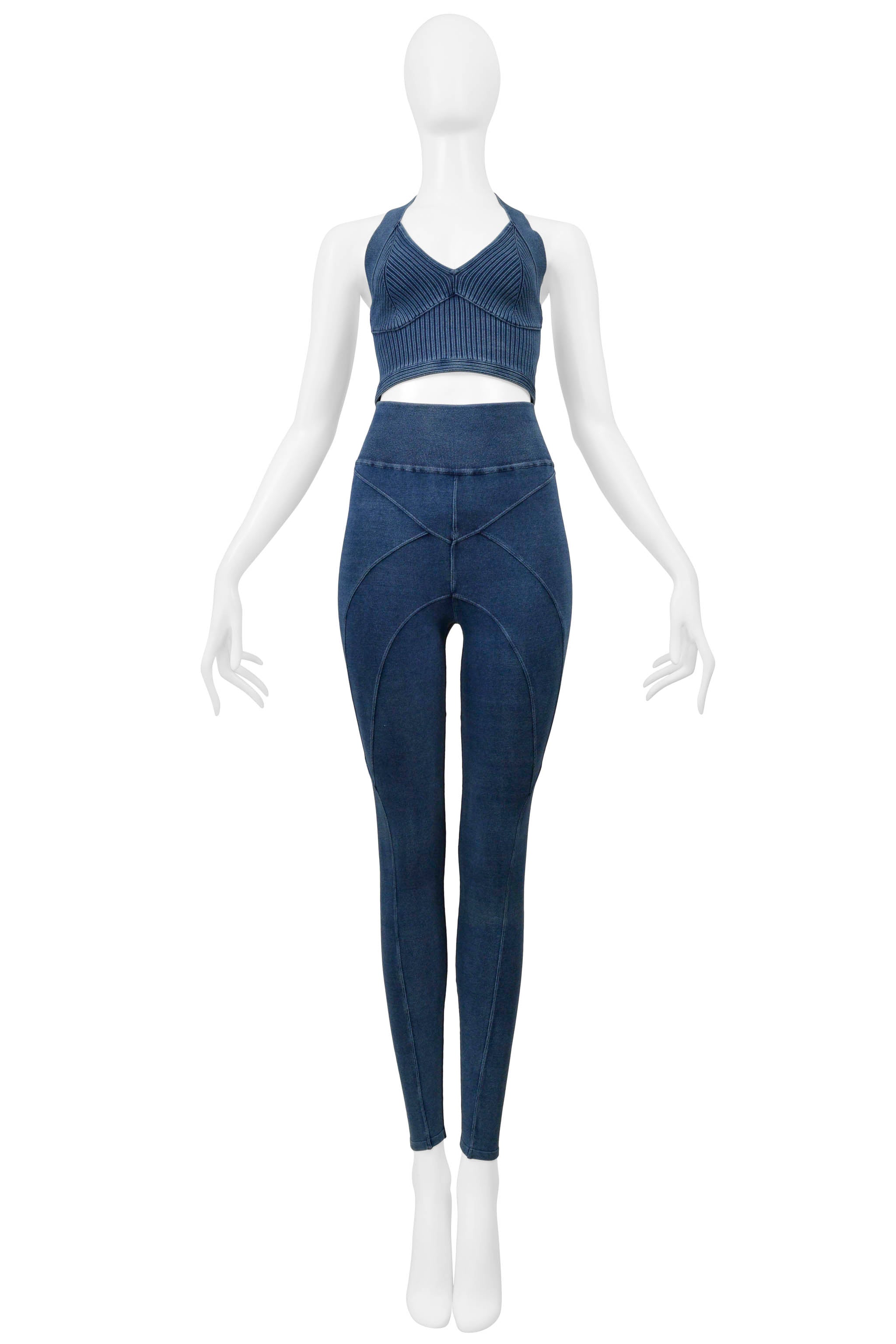 ALAIA DENIM BLUE VINTAGE WASH KNIT BRA TOP AND LEGGINGS