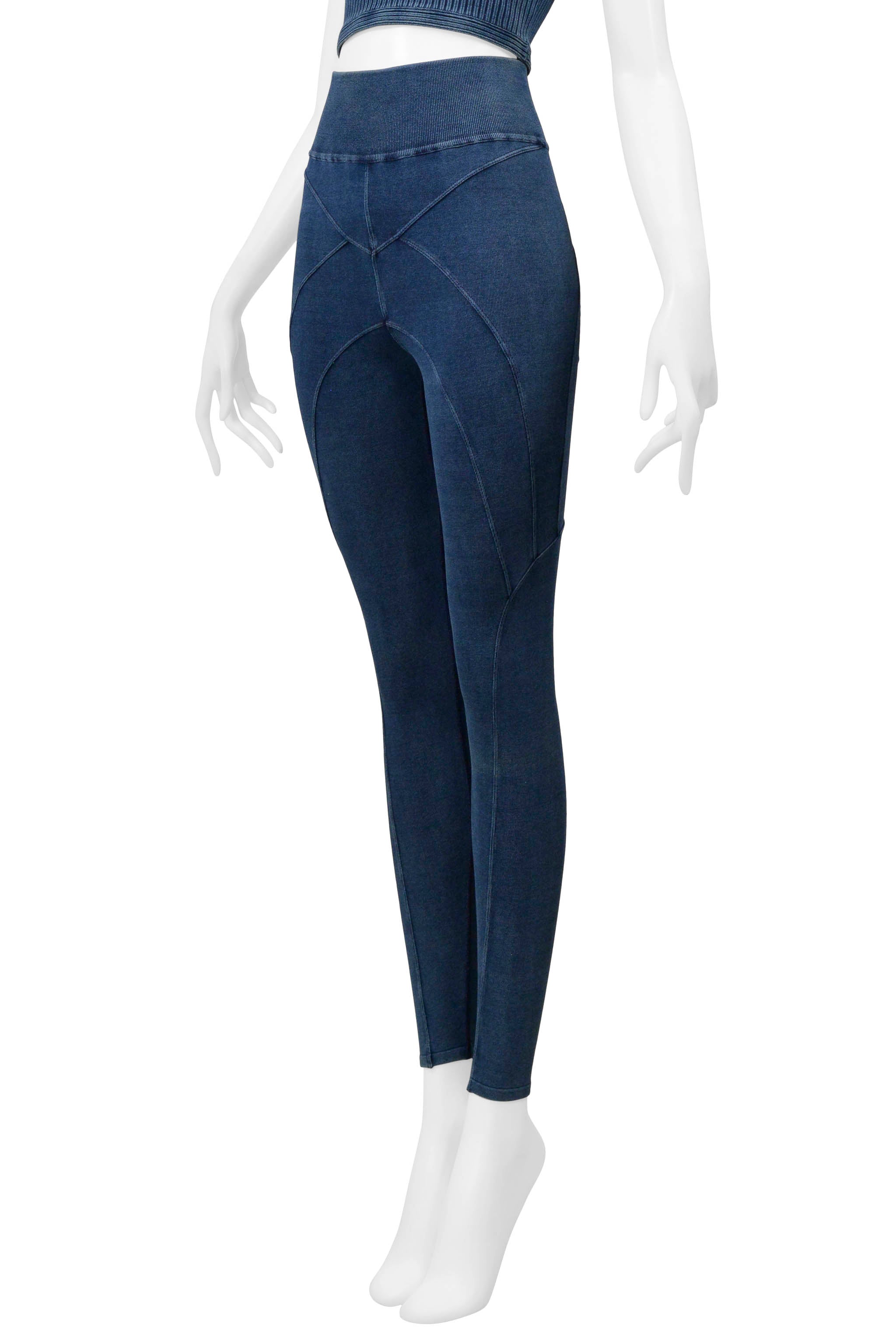 ALAIA DENIM BLUE VINTAGE WASH KNIT BRA TOP AND LEGGINGS