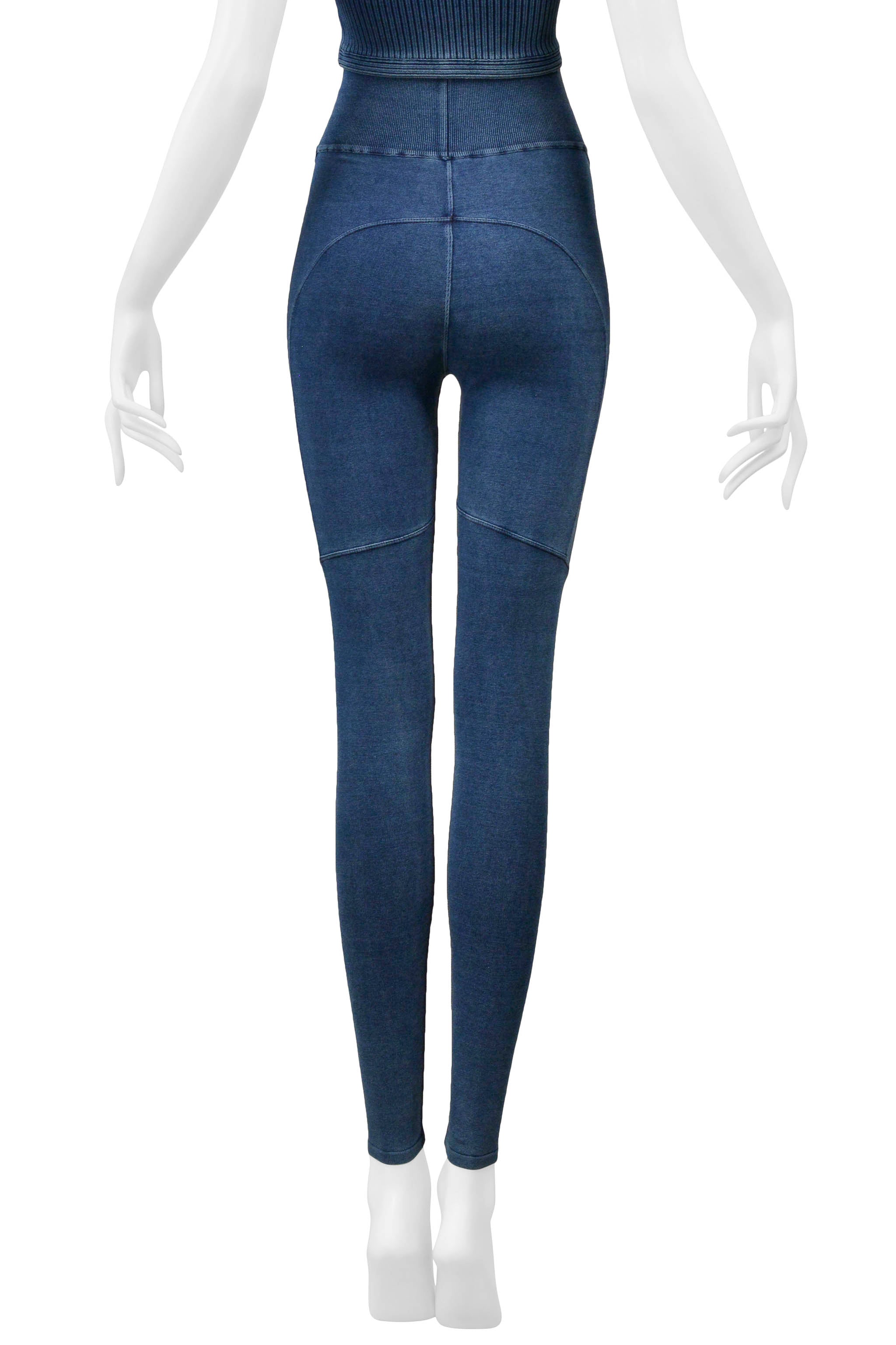 ALAIA DENIM BLUE VINTAGE WASH KNIT BRA TOP AND LEGGINGS